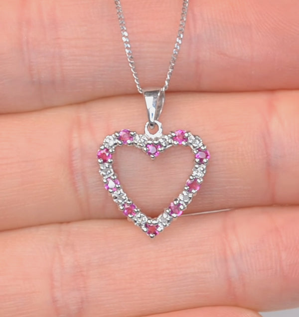 Ruby 0.68CT And Diamond 9K White Gold Heart Pendant Necklace
